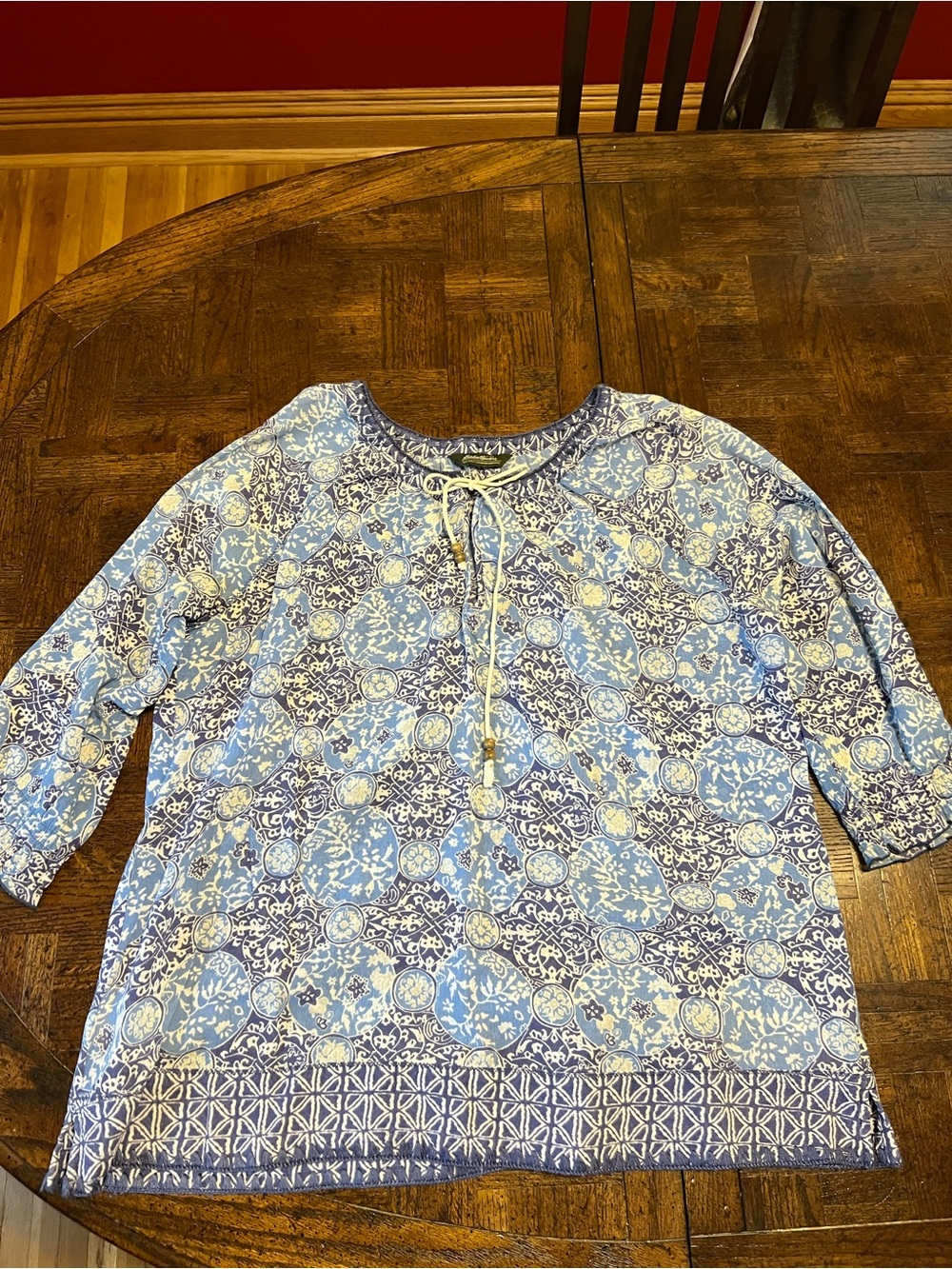 Eddie Bauer Blue and White Medallion Print Peasant Top